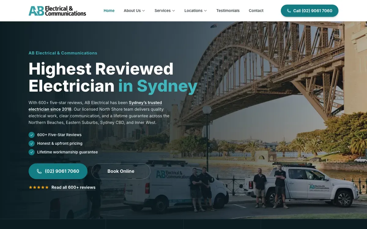 AB Electrical & Communications website, built by PlumbElec Marketing