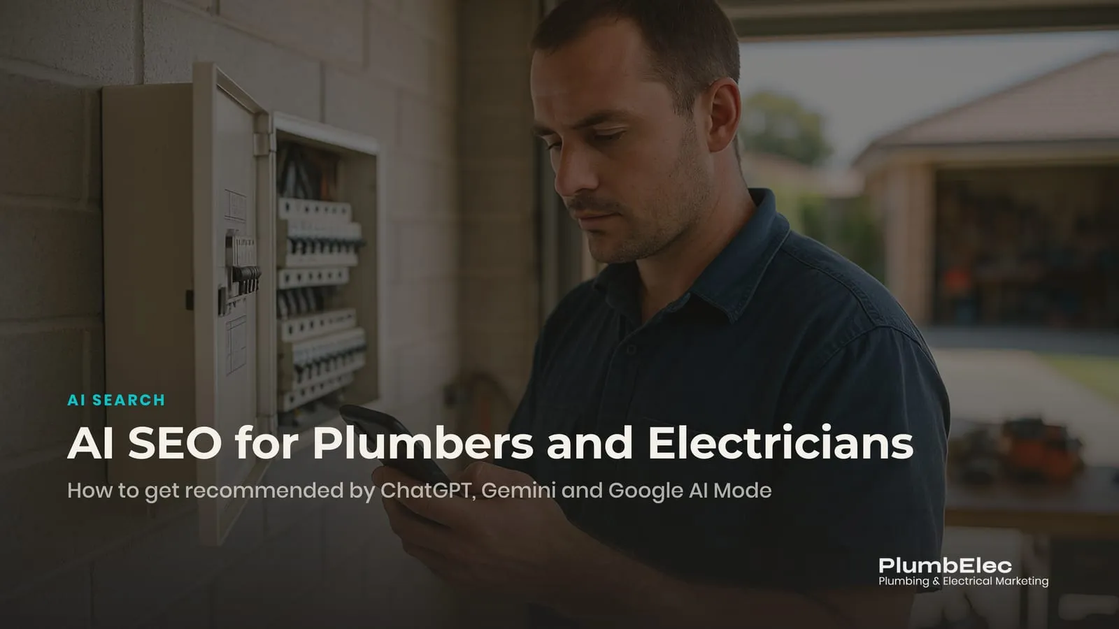 Electrician reading an AI assistant's recommendation on a phone in front of a switchboard