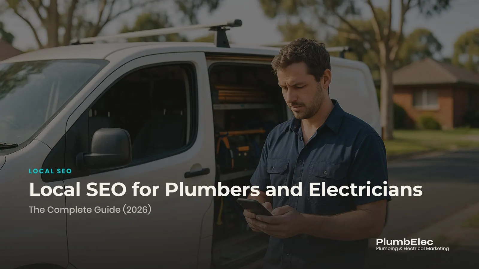 Plumber checking Google Maps results on a phone beside a work van in a Sydney suburb