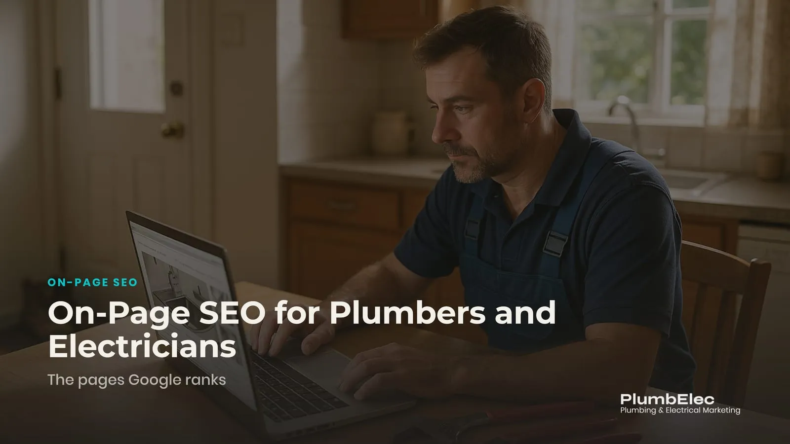 Plumber reviewing a website on a laptop at a kitchen table