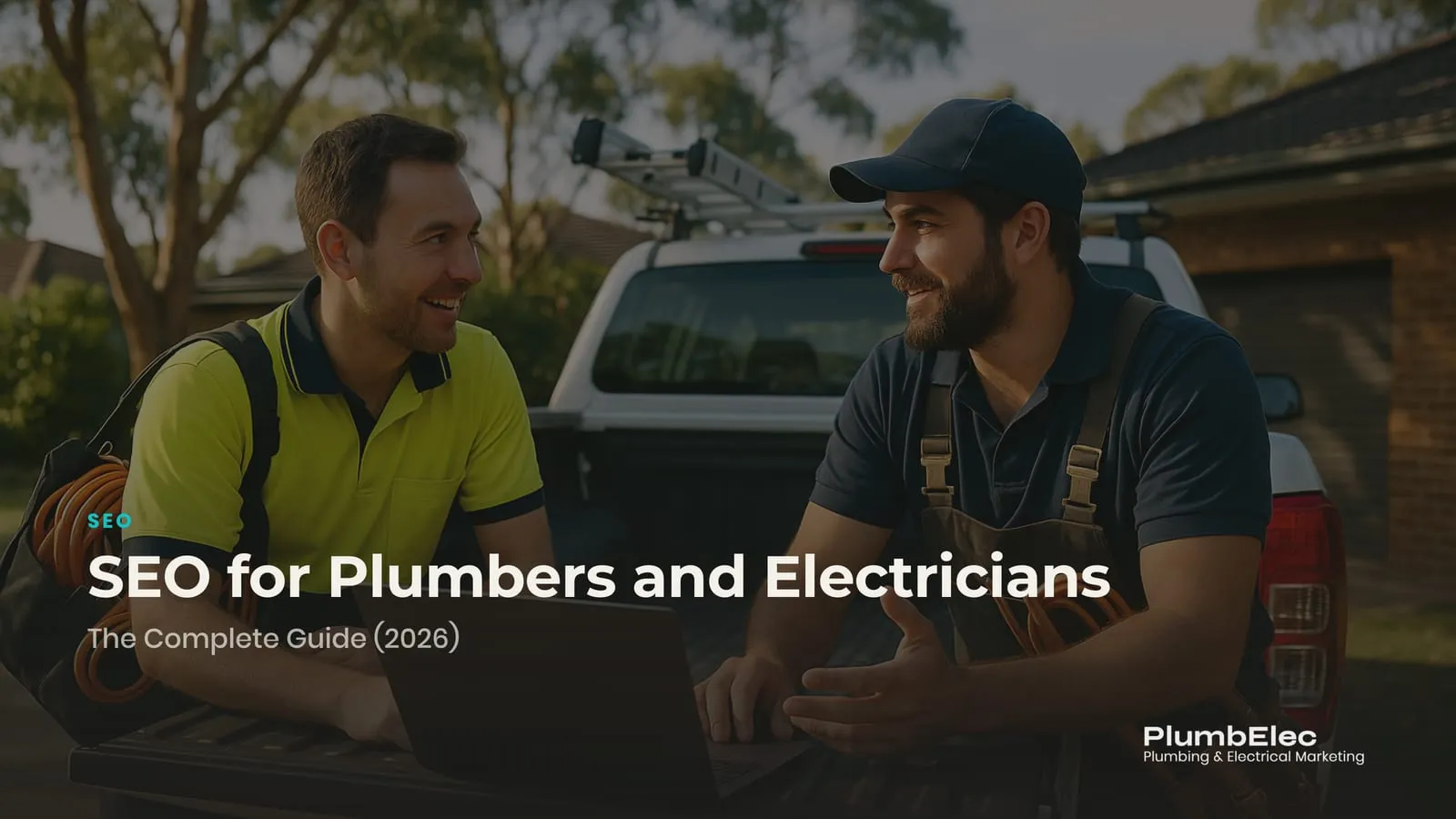 Plumber and electrician reviewing a laptop at the tailgate of a ute in a suburban driveway