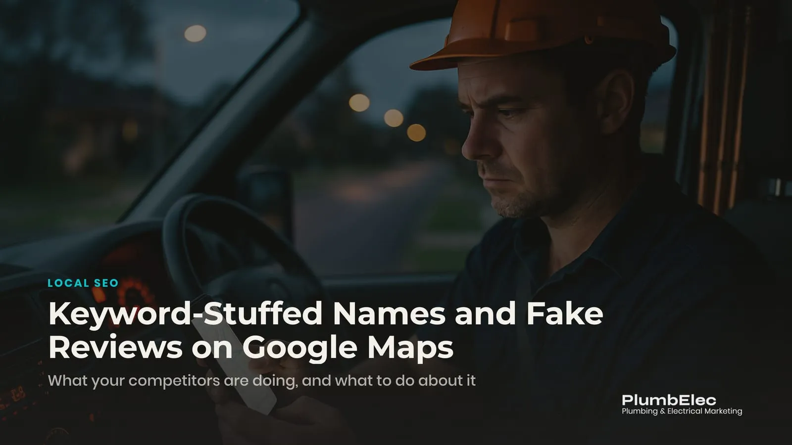 Electrician in a van cab at dusk frowning at a Google Maps result on his phone