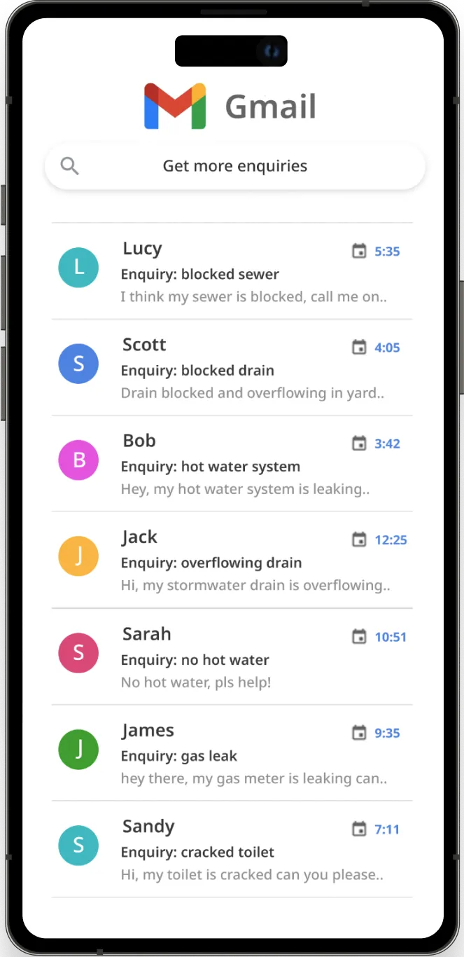 Gmail inbox of new enquiries
