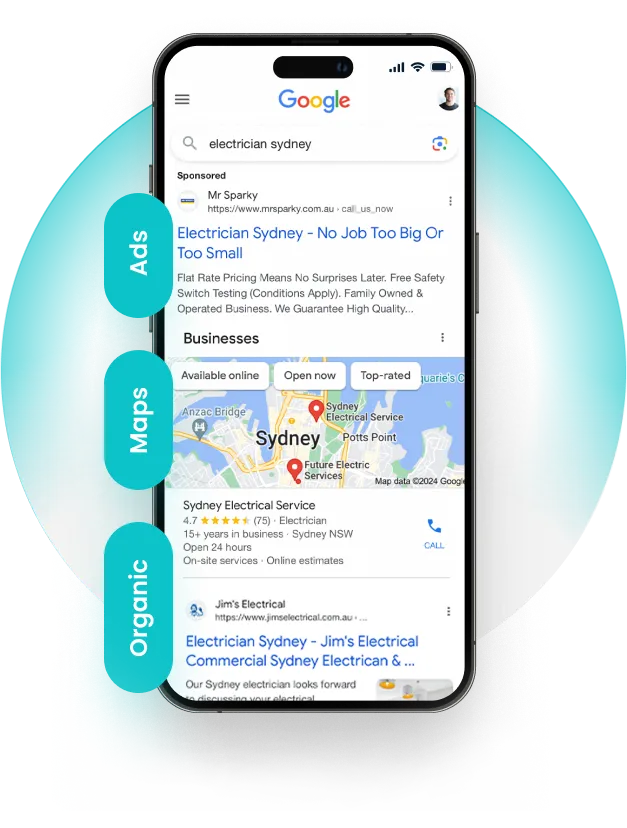 Google results for an electrician showing Ads, Maps and Organic placements