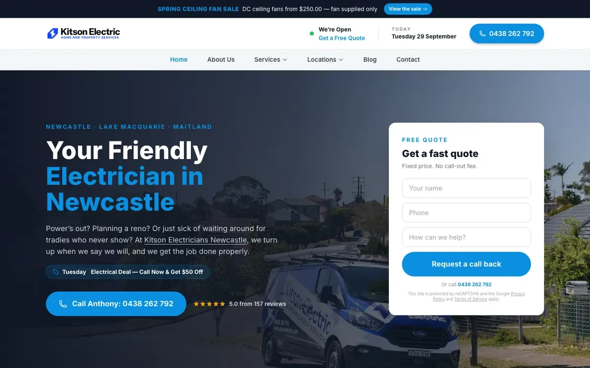 Kitson Electricians Newcastle website, built by PlumbElec Marketing