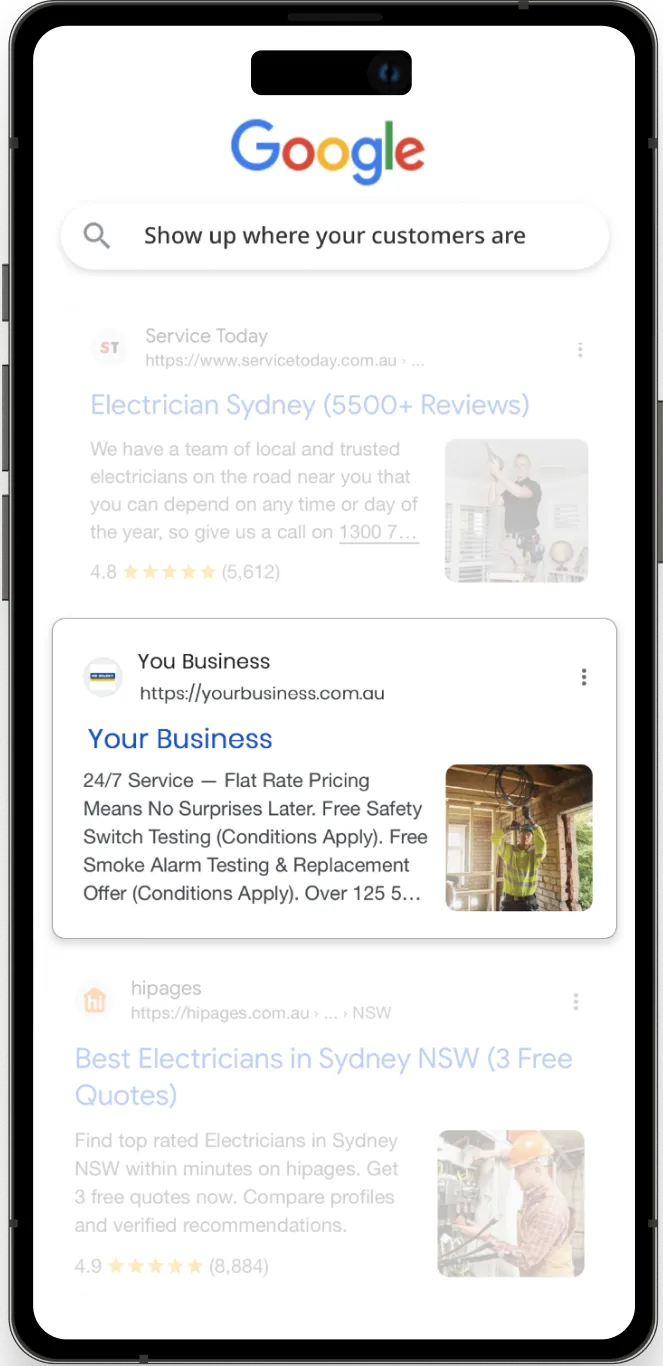 Organic Google search results for a trade business