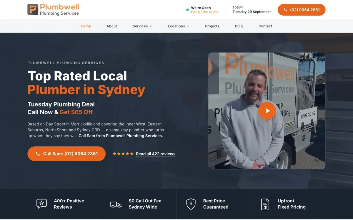 Plumbwell Plumbing Services website, built by PlumbElec Marketing